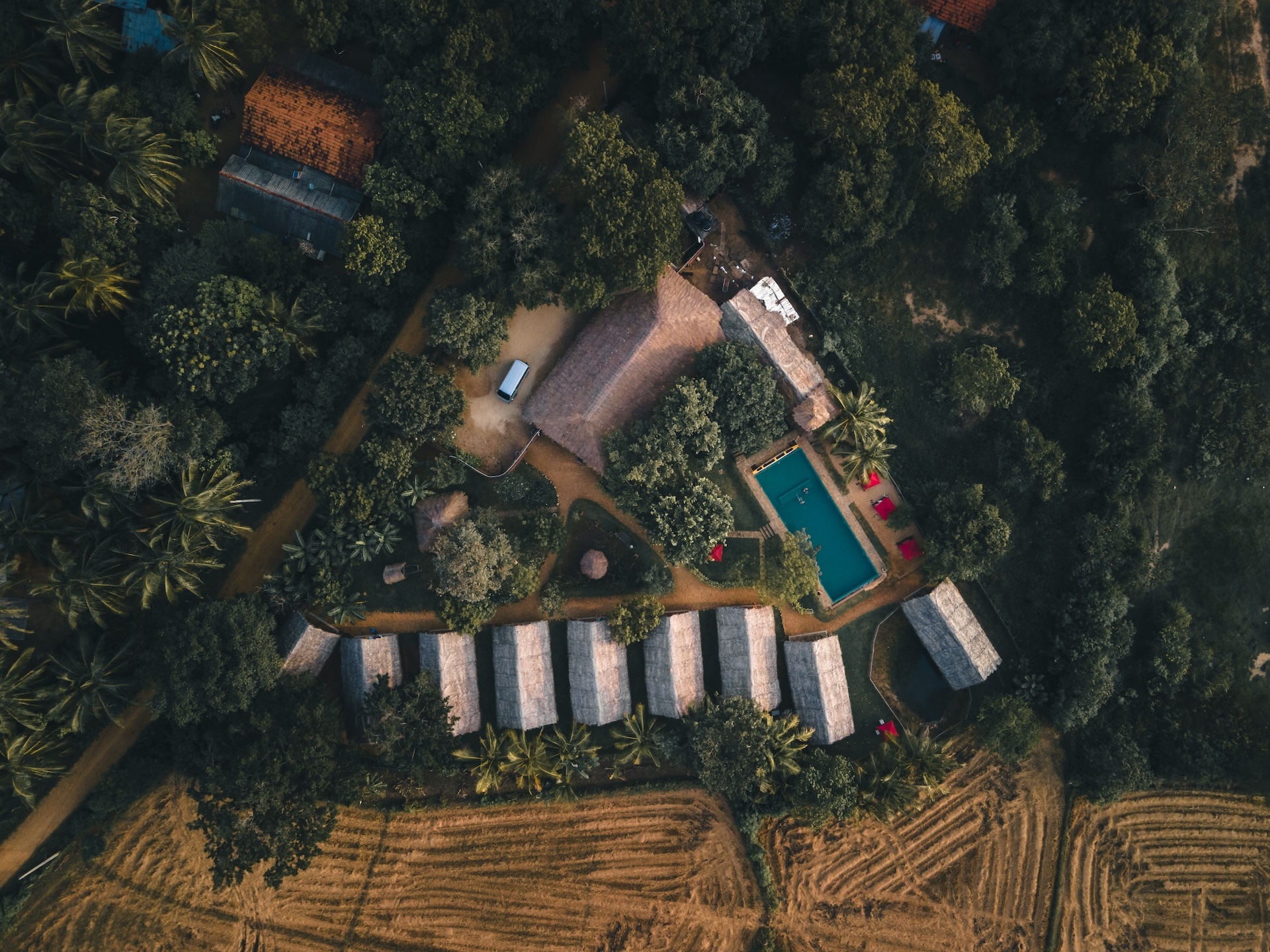 Aerial view of Gaga Bees eco-retreat amidst the lush greenery near Yala National Park, Sri Lanka