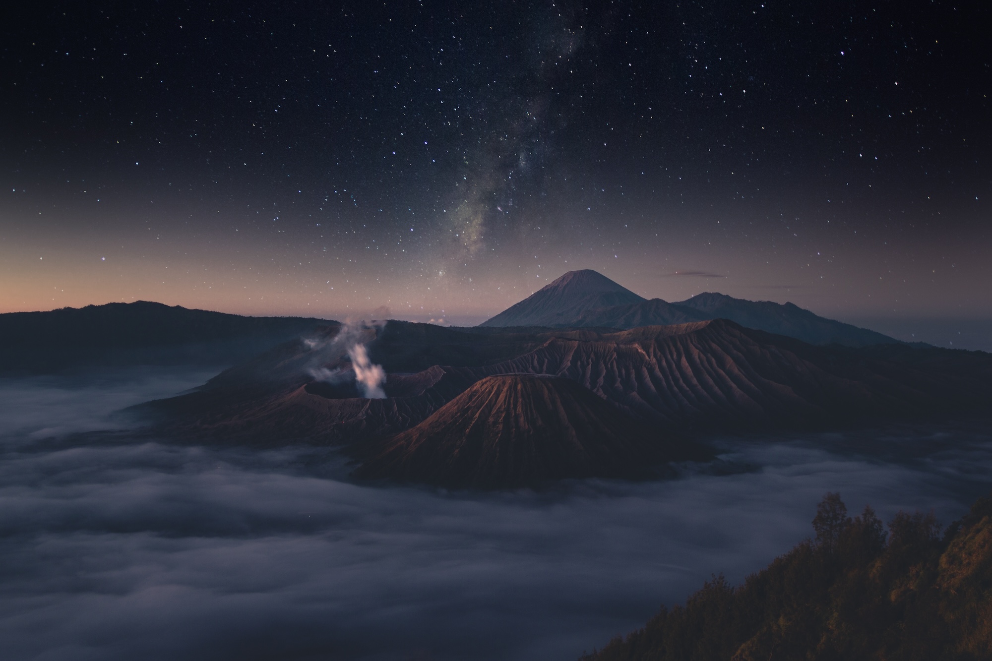 Mystical Night Scenery of Bromo Volcano in Indonesia